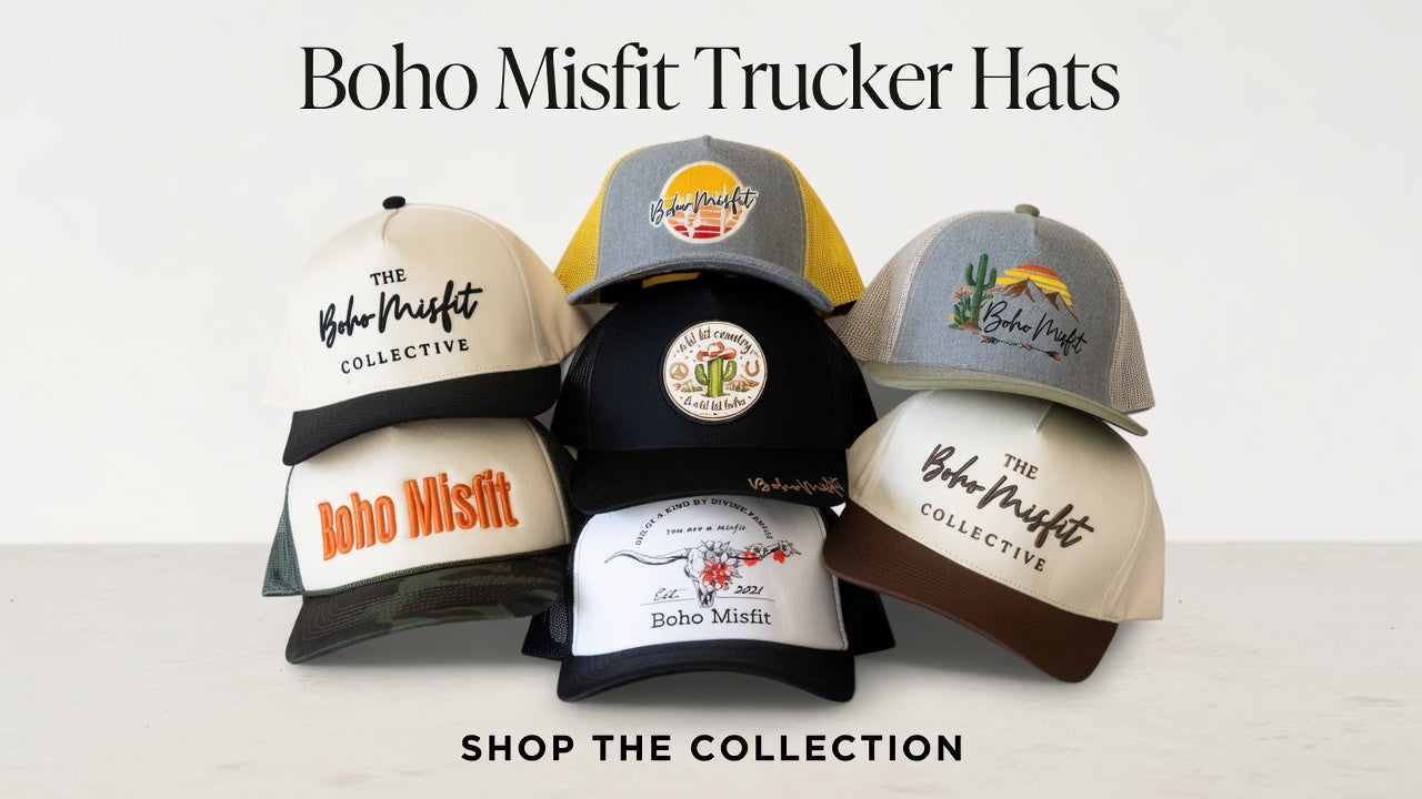 Six boho misfit trucker hats displayed together on a light background with the text 'Boho Misfit Trucker Hats' at the top and 'SHOP THE COLLECTION' at the bottom.
