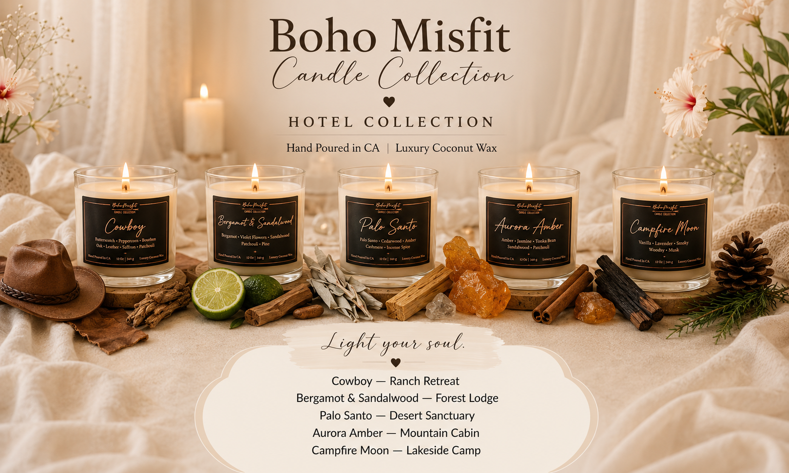 Four lit candles in glass jars from the Boho Misfit Candle Collection, arranged on a draped cream fabric with candles, flowers, a hat, lime slices, cinnamon sticks, and crystals. Text on the image reads 'Boho Misfit Candle Collection' and lists the scents: Cowboy, Bergamot & Sandalwood, Palo Santo, Aurors Amber, and Campfire Moon.
