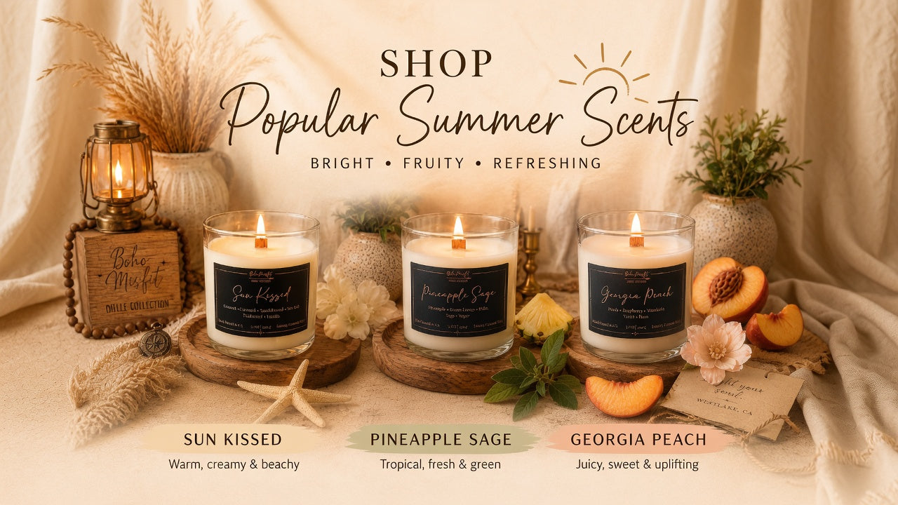 Three lit scented candles in glass jars are arranged on wooden trays with peach slices, flowers, a lantern, and draped fabric in a warm styled setting. Large text reads 'SHOP Popular Summer Scents' with scent names 'Sun Kissed,' 'Pineapple Sage,' and 'Georgia Peach' shown below.